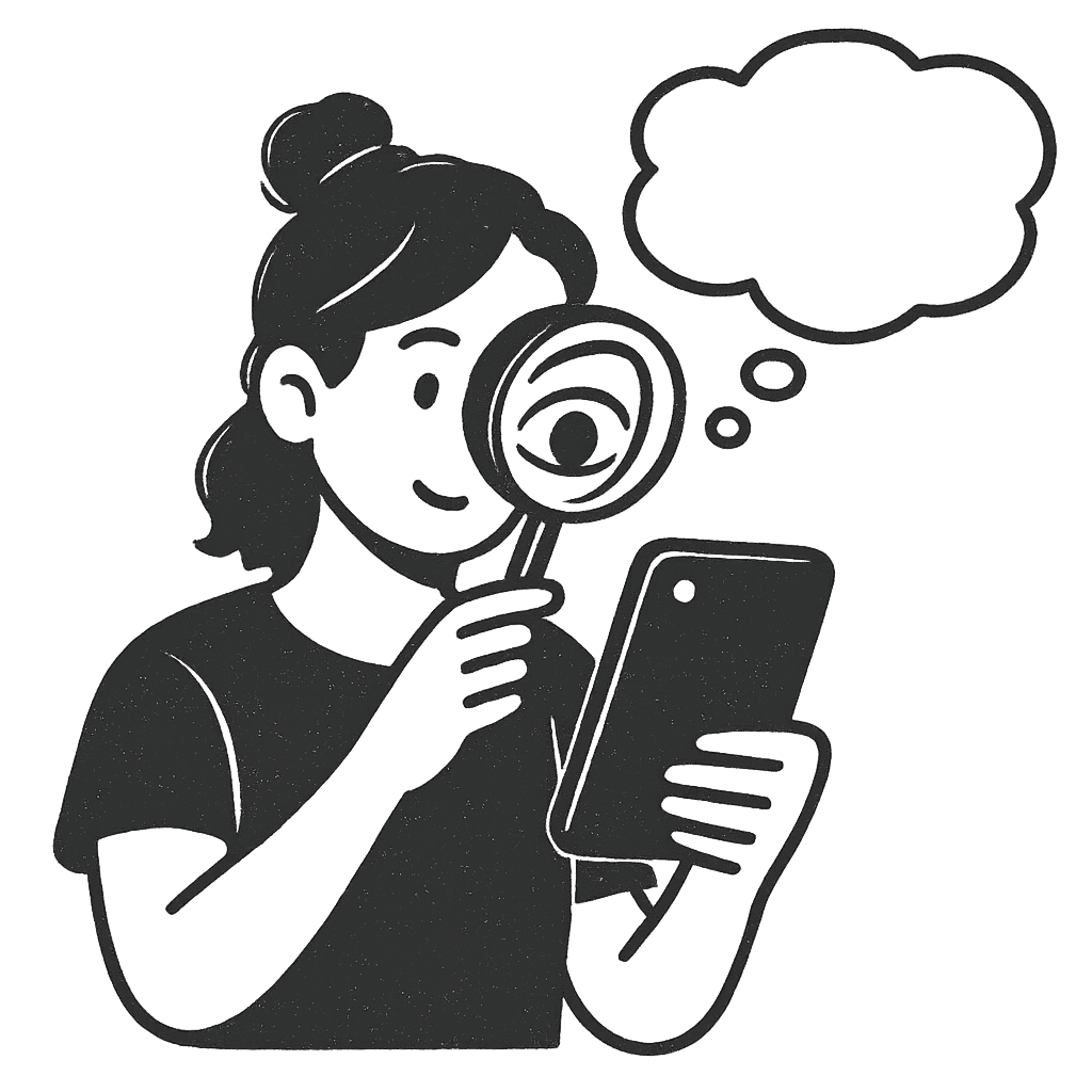 A person examines an object through a magnifying glass while holding a smartphone, with a thought bubble above.