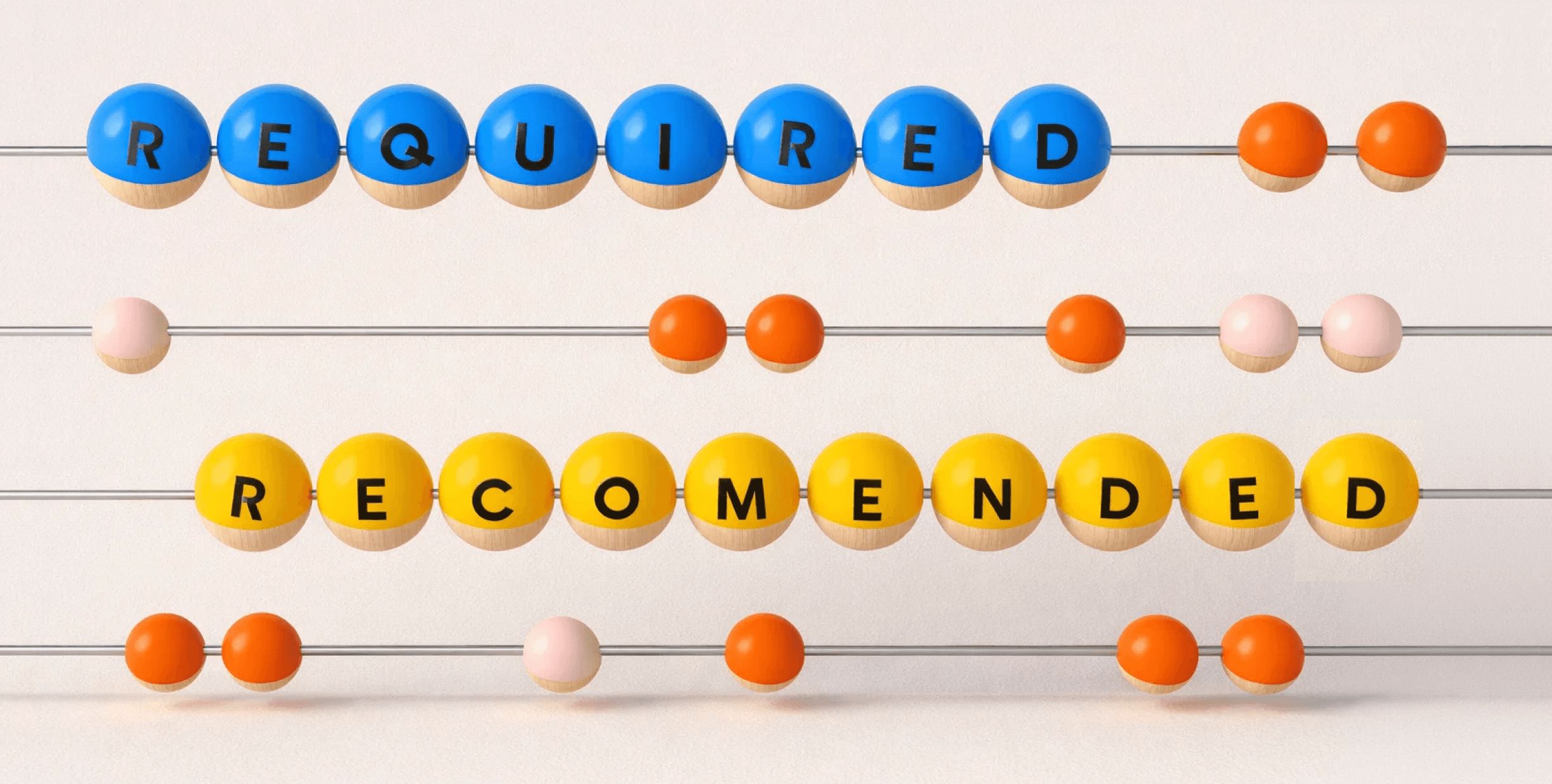 Blue and yellow letters on an abacus spellling out Required and Recommended