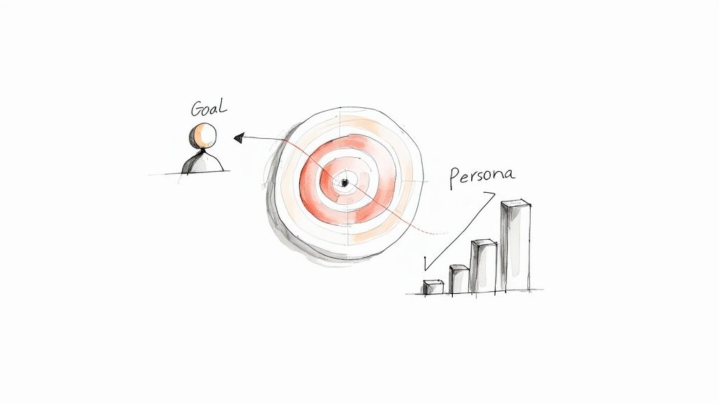 Hand-drawn content strategy visualization: a person aiming for a goal target, leading to a persona's growth.