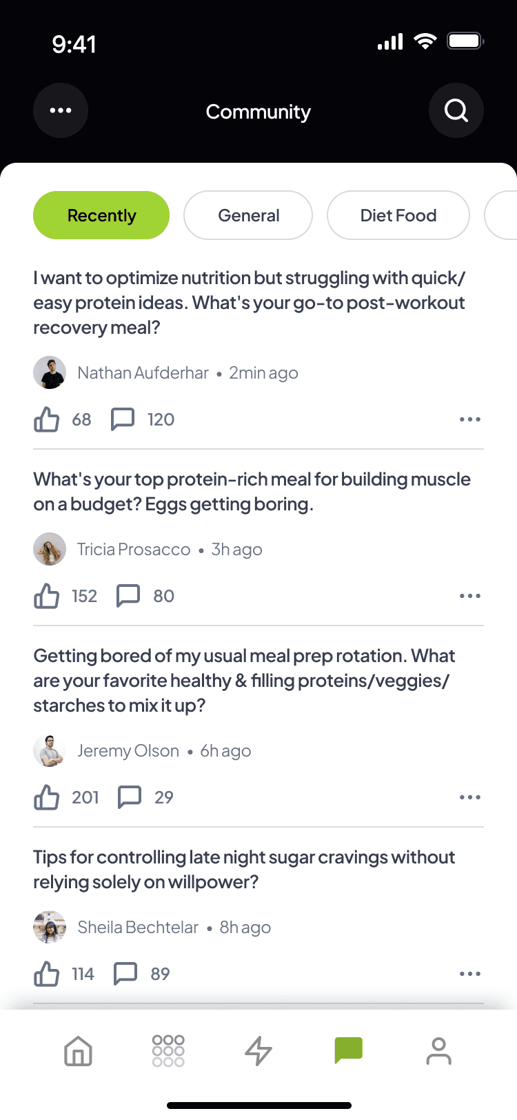 Mobile app screen showing a fitness and nutrition community feed with user posts discussing protein meals, healthy food ideas, and cravings management.