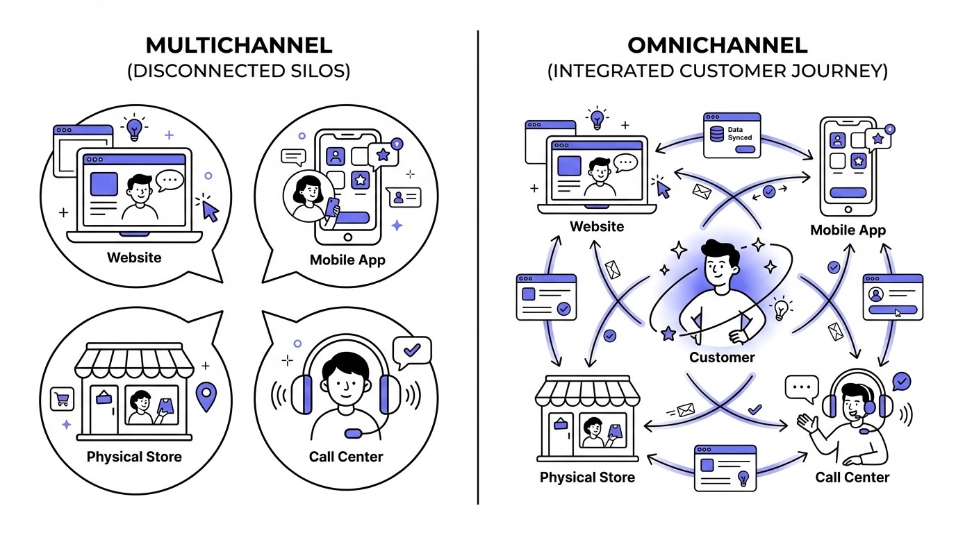 A comparison diagram. On the left, titled 'Multichannel', four icons representing website, mobile app, physical store, and call center are shown as separate, disconnected bubbles. On the right, titled 'Omnichannel', the same four channel icons are interconnected with lines and arrows, orbiting a central customer icon, symbolizing a unified experience.