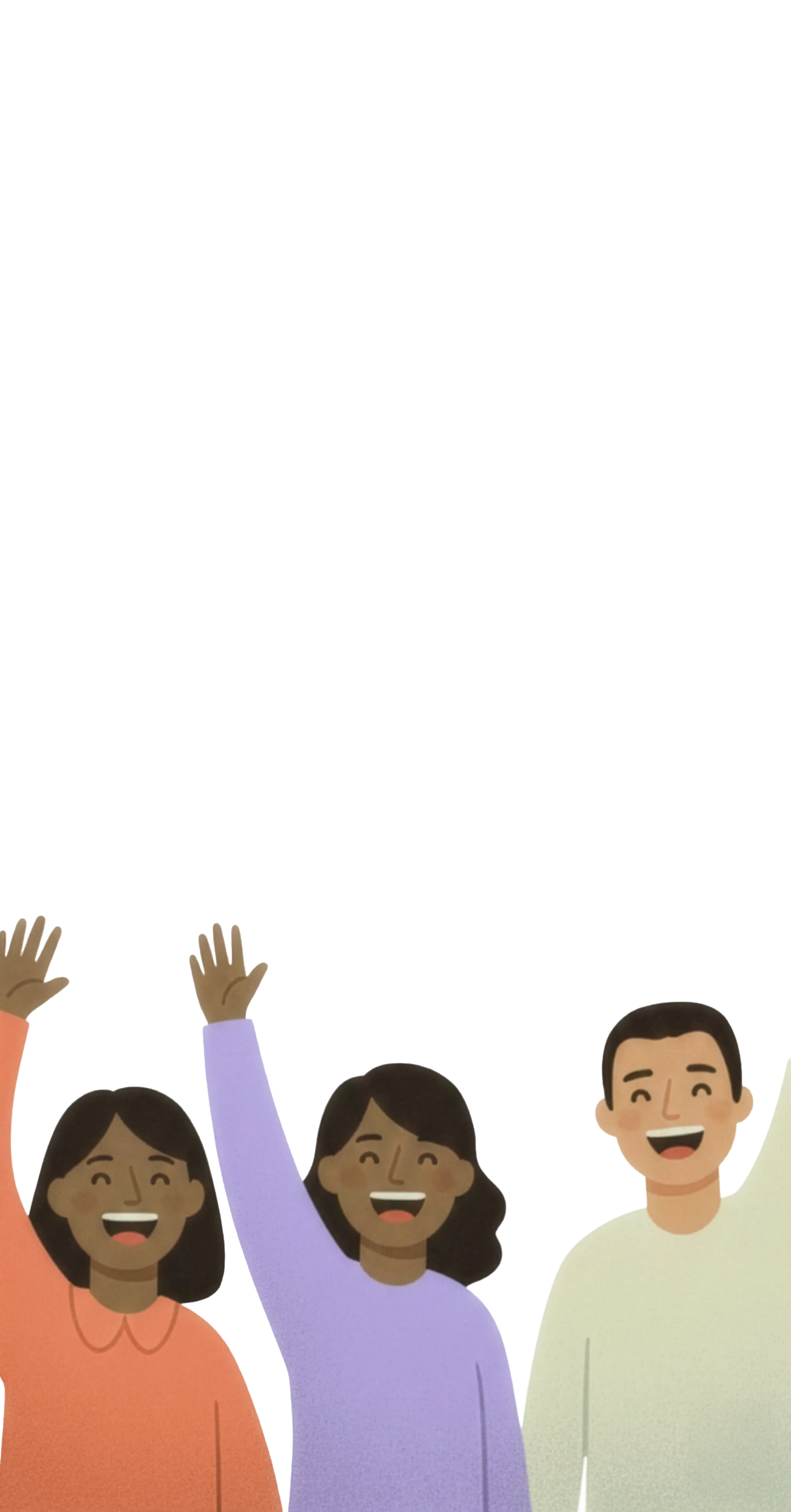 Drei Besucher winken und werden als aktive Teilnehmer im Park dargestellt