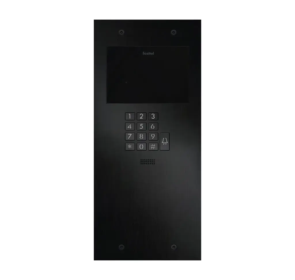 Black smart home device with screen showing time and temp