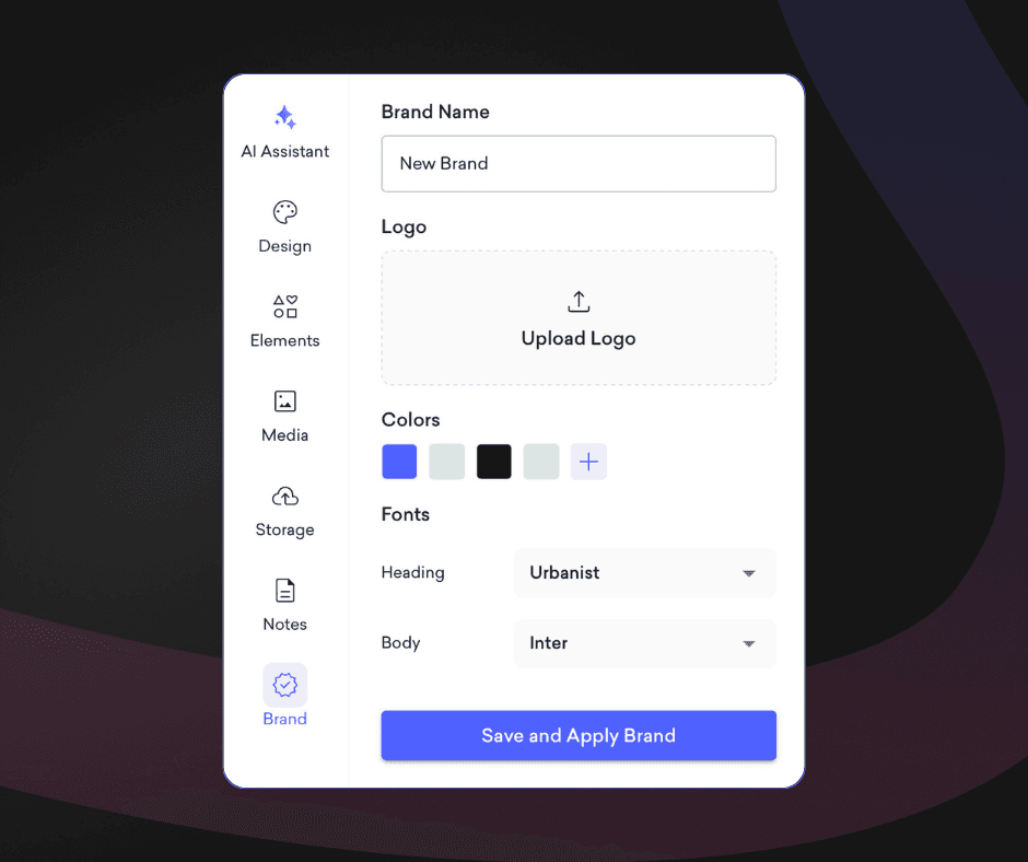 Screenshot of Decktopus AI’s branding panel with logo upload, font settings, and color picker.
