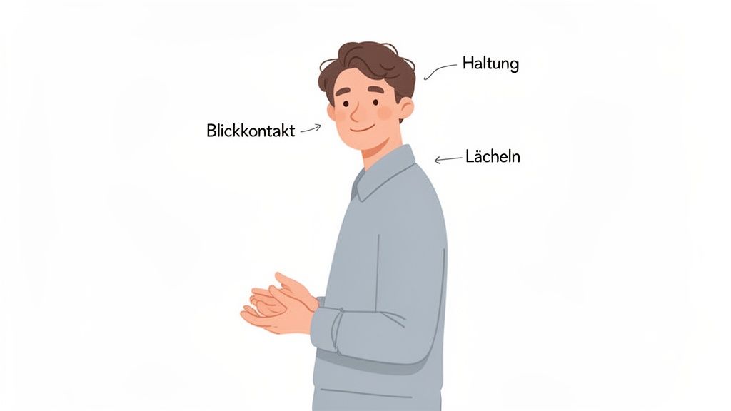 Illustration eines Mannes mit freundlichem Blick, Haltung und Lächeln, die positive Körpersprache zeigt.