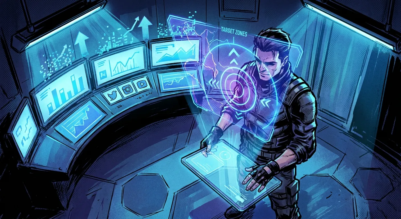 "RockN' Socials agent in a futuristic digital marketing agency setup."
