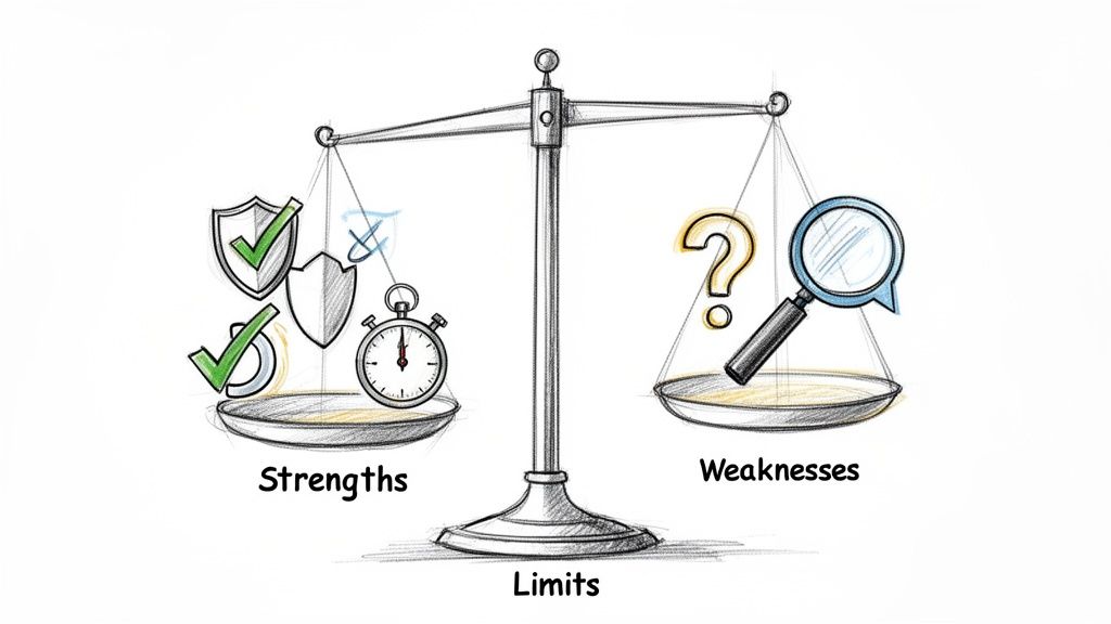 A balance scale weighing strengths (shields, checkmarks, stopwatch) against weaknesses (question mark, magnifying glass), with limits.