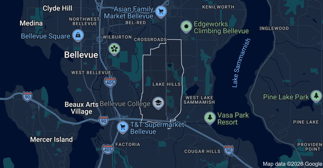 Map of Lake Hills Bellevue WA neighborhood near Bellevue College and Larsen Lake.