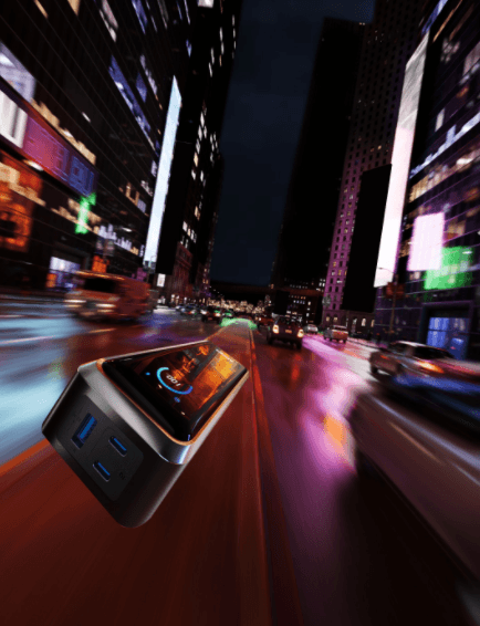 An Anker power bank zooming through a rain-slicked city street at night with motion blur