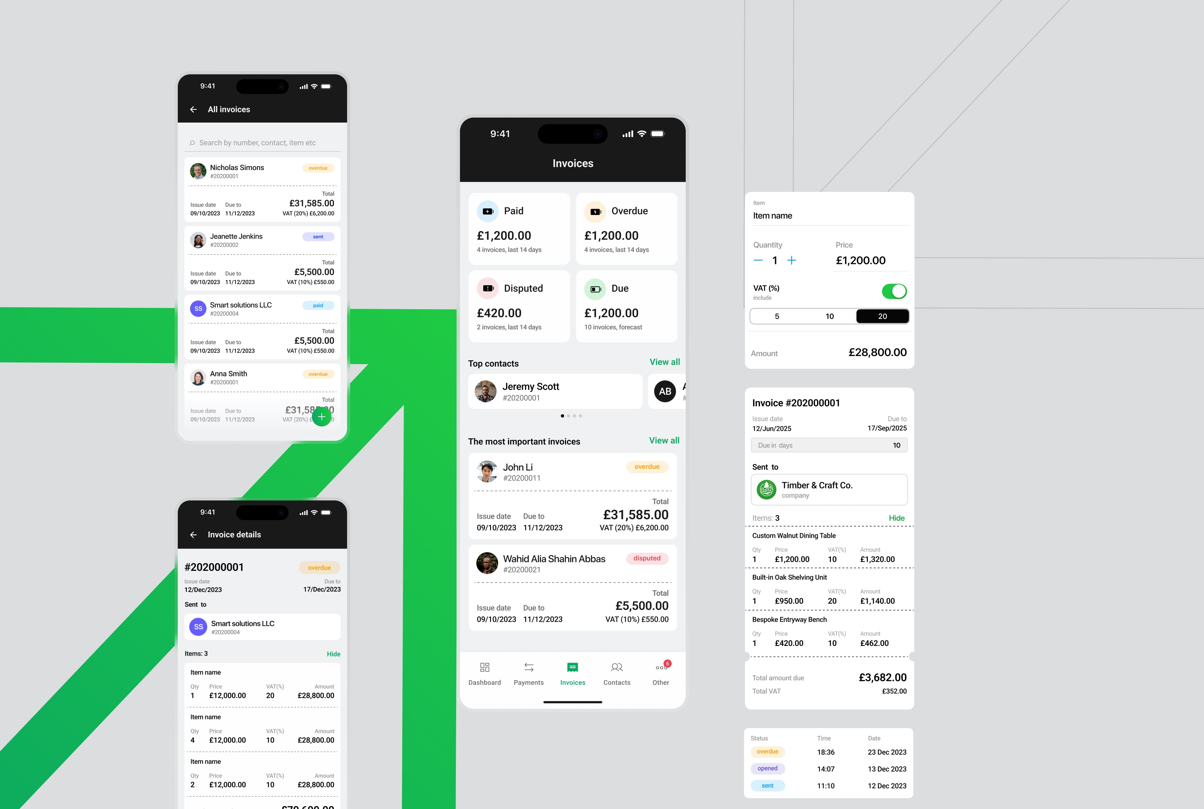 Invoice hub interface showing invoice creation, customization, and payment tracking for SMEs.