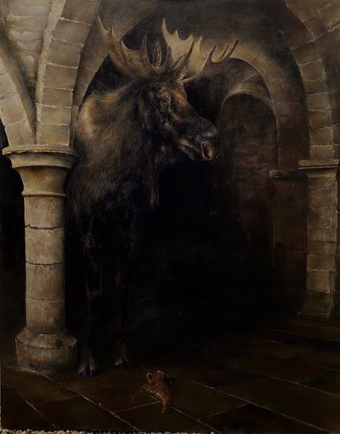 A moose in a brick crypt with a shoe anagram painting