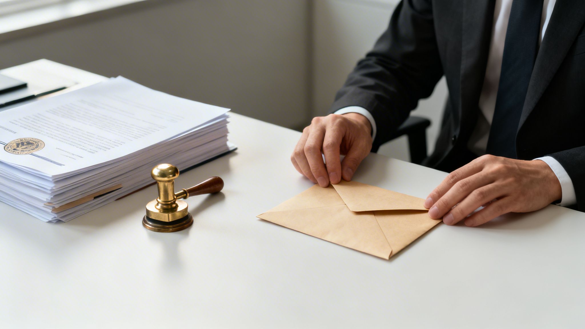 En jurist i kostym vid ett skrivbord med juridiska dokument, en klubba och förseglar ett kuvert.