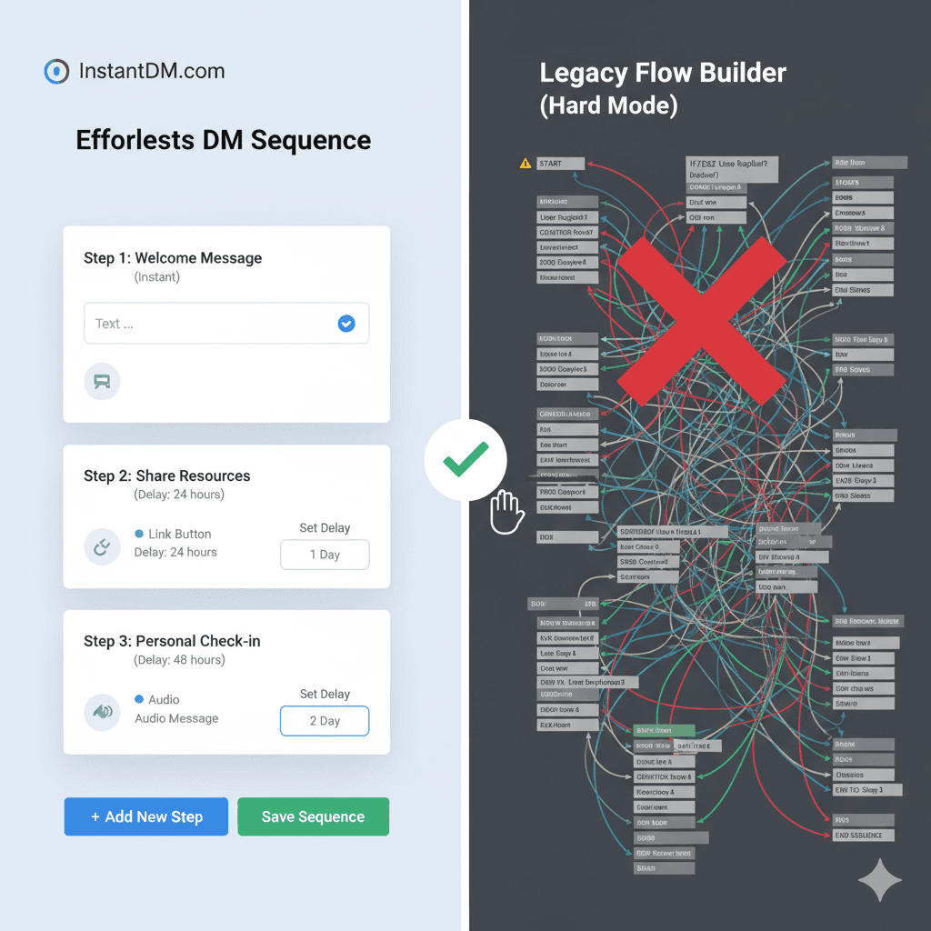 Side-by-side comparison: InstantDM's effortless, click-based Instagram DM sequence creator on the left, showing steps with delay, next to a confusing legacy flow builder with many arrows and a red X on the right. Highlights easy DM automation