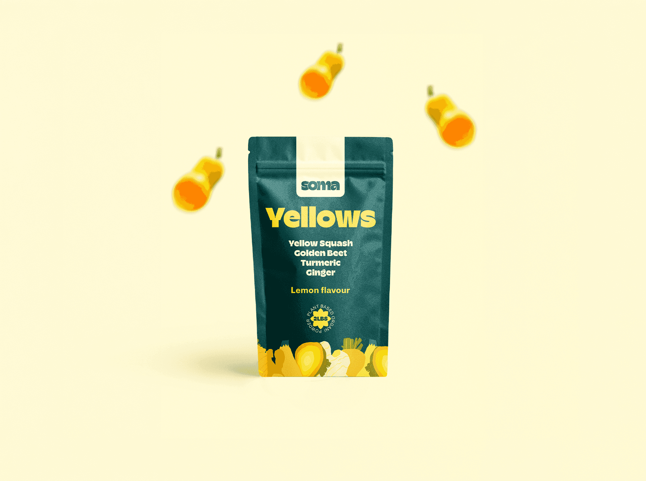 A high-quality product mockup for SOMA "Yellows" lemon-flavored supplement. The dark green pouch is centered on a soft yellow background. Out-of-focus golden beets and squashes float in the periphery, representing the organic ingredient list which includes turmeric and ginger.