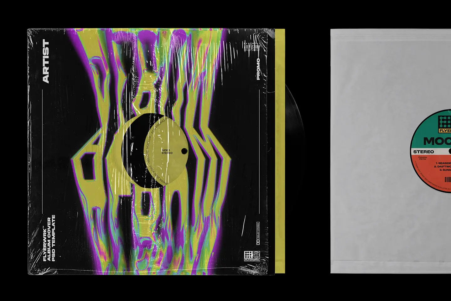 Vinyl record mockup displaying custom album cover design with colorful artwork