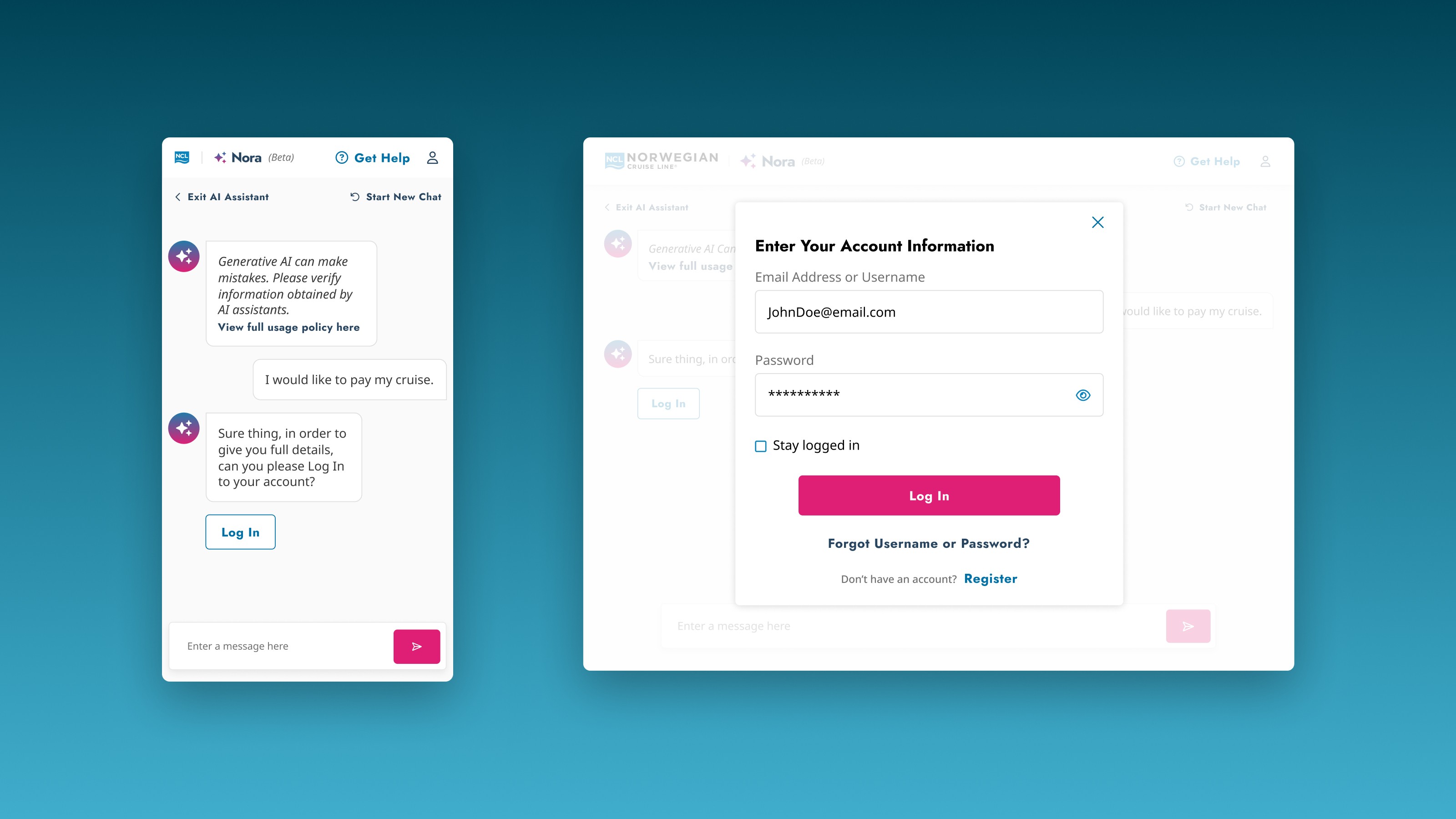 Guests ask to pay their cruise. Nora prompts authentication — the login modal overlays the conversation without abandoning it. One step away from knowing exactly who she's talking to.