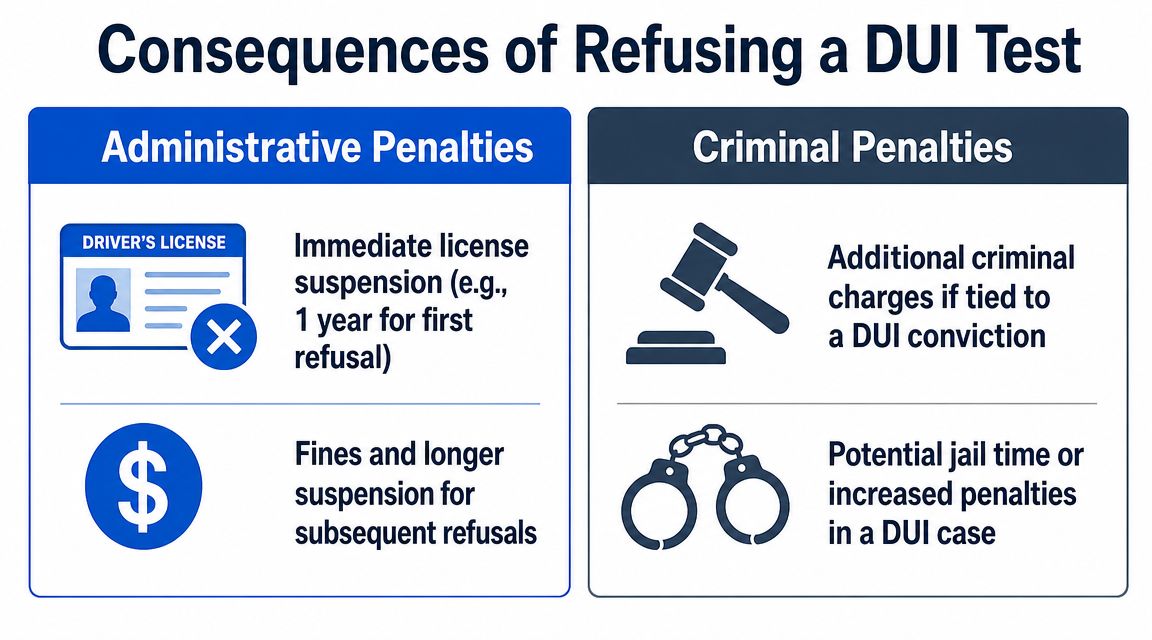 A chart detailing the administrative and criminal consequences for refusing a DUI breathalyzer or blood test.