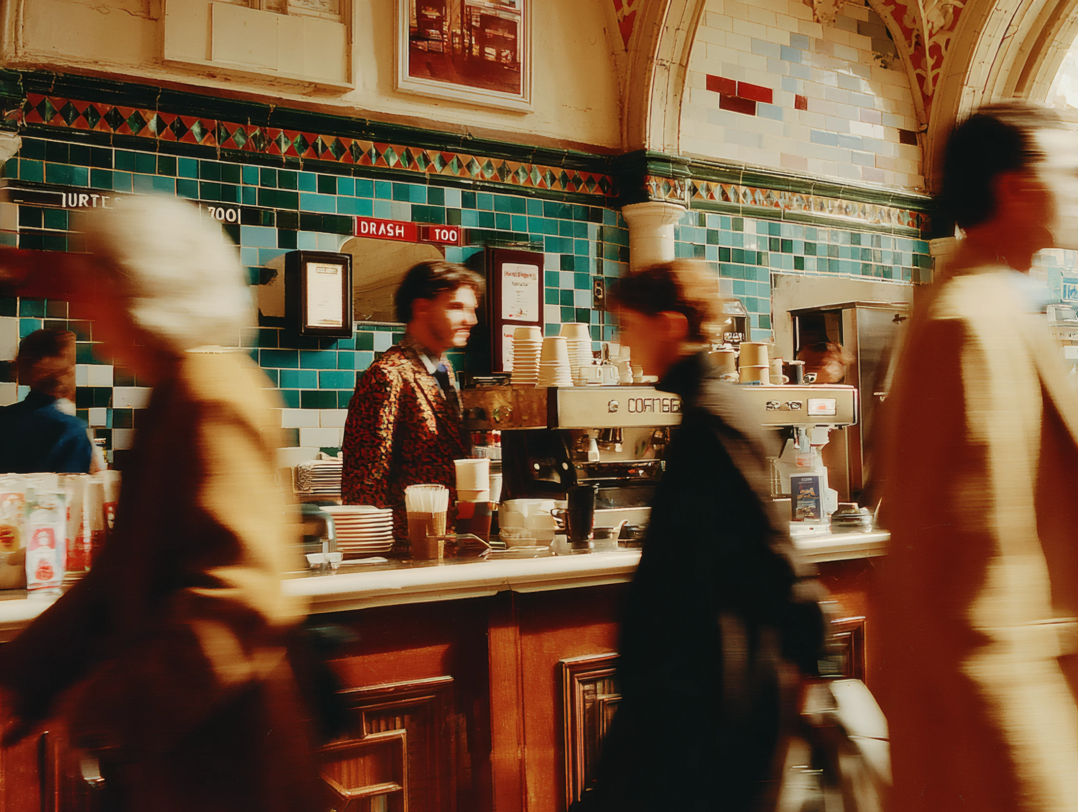 Blurred motion of people walking past a vintage-style coffee shop counter. The barista stands behind, with blue tiled walls in the background, conveying a busy, retro atmosphere.