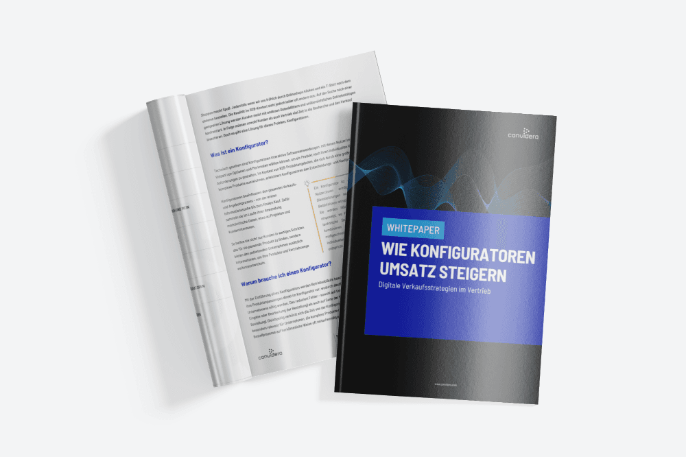 Whitepaper mit dem Titel 'Wie Konfiguratoren Umsatz steigern' und einem offenen Heft.