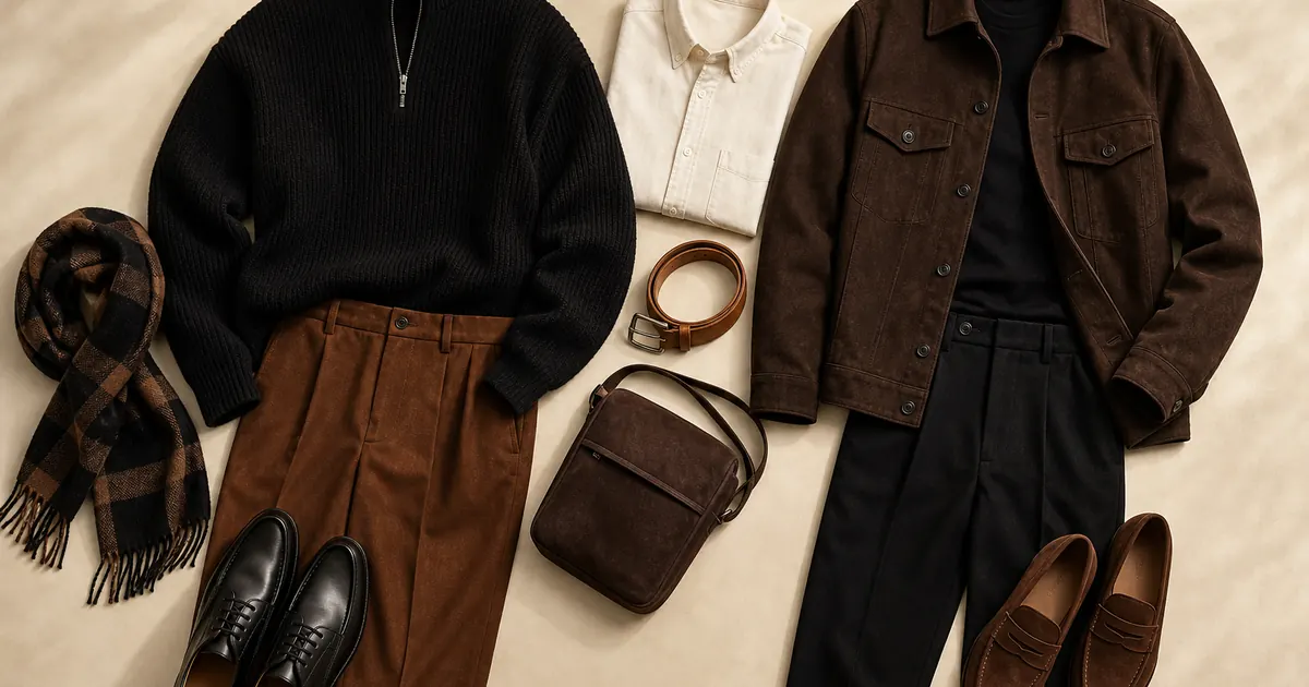 Black and brown clothing combined in several polished neutral outfits