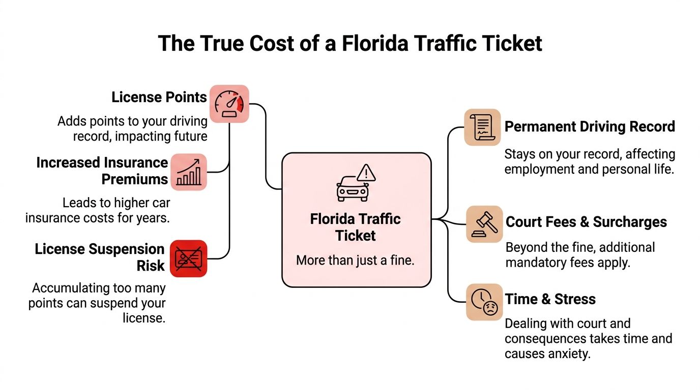 An infographic detailing the various negative consequences and hidden costs of receiving a Florida traffic ticket.