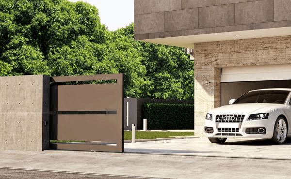 Modern automatic gate and a white car in garage.