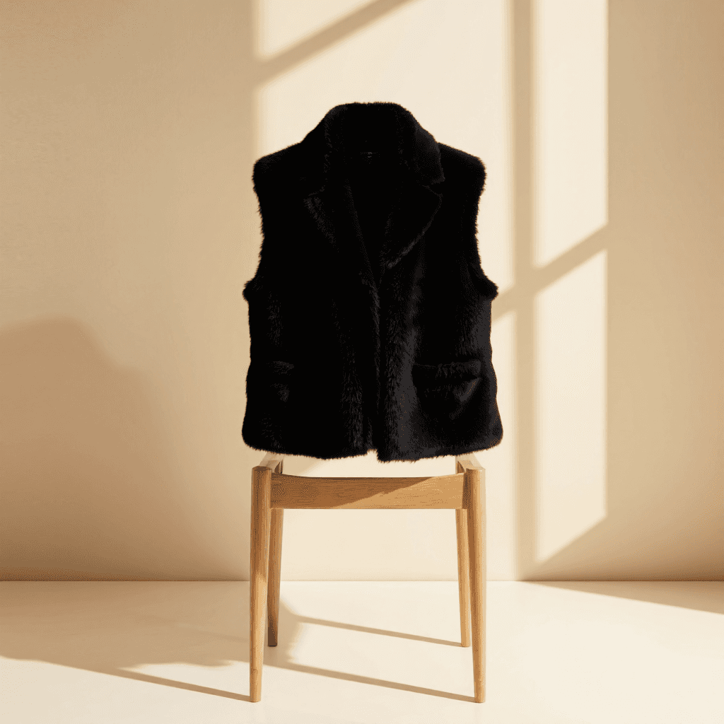 product photography of a black fur vest for fashion wear