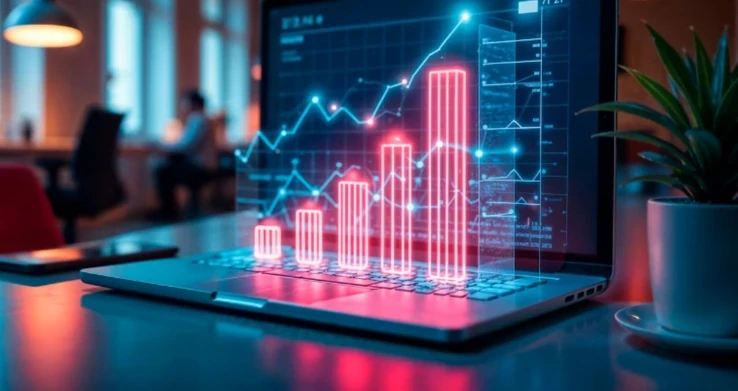Ilustração de um gráfico de barras luminoso com linha ascendente sobre um laptop