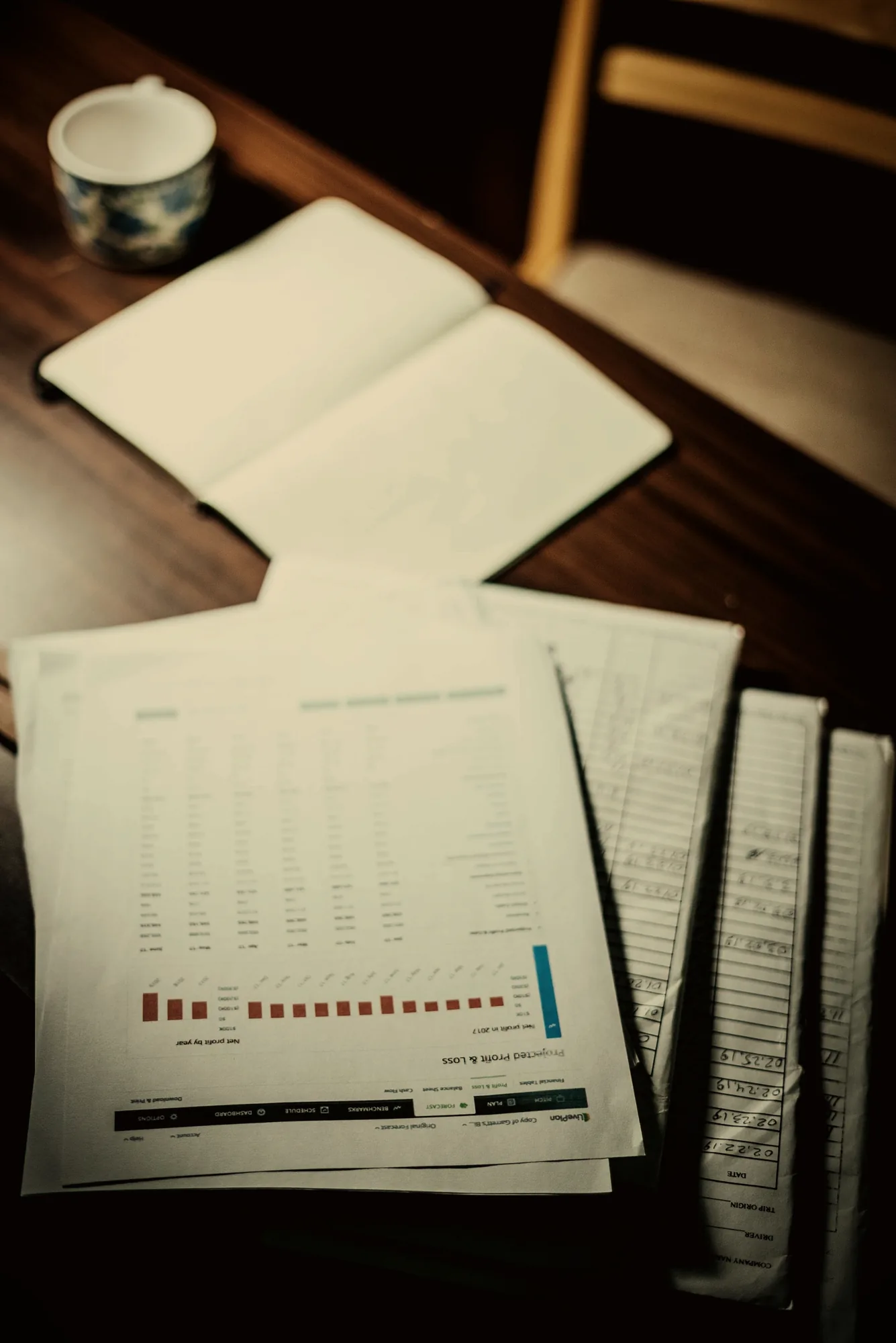 Printed sales reports and a notebook on a dark desk