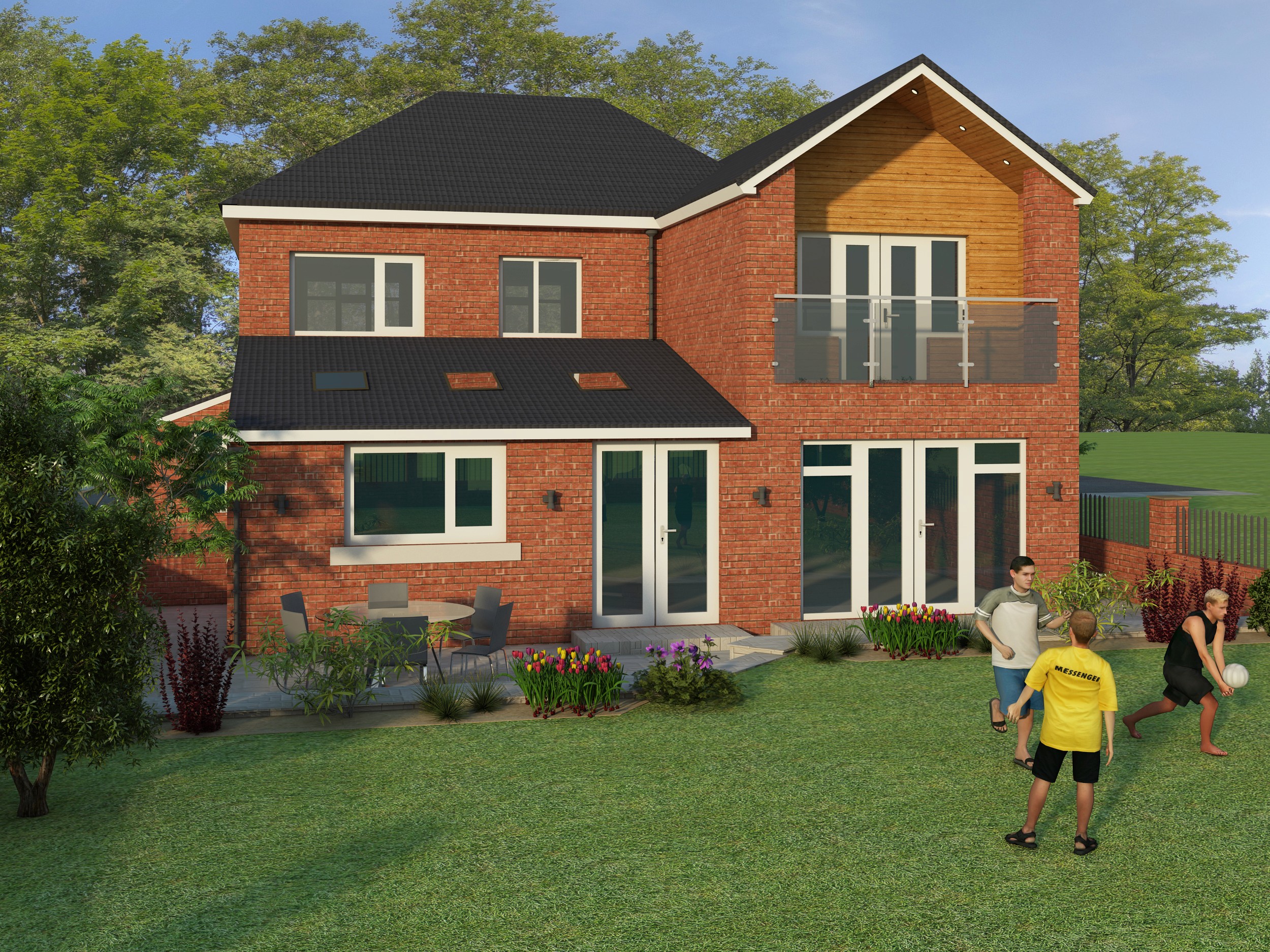 3D render of a modern extended family home with glass balcony and landscaped garden overlooking Gatley Golf Club in Greater Manchester.