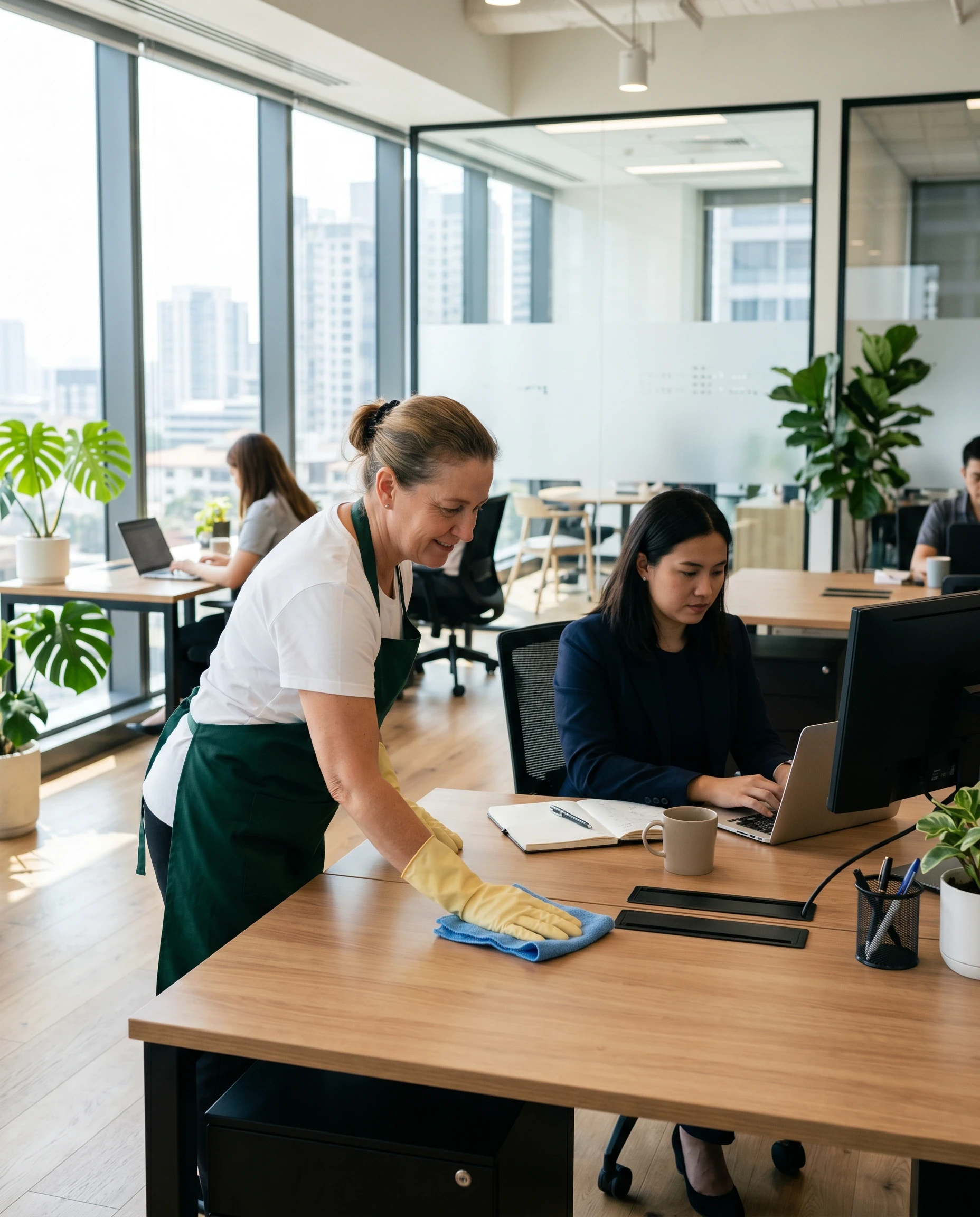A cleaner wipes a desk while an employee works on a laptop.