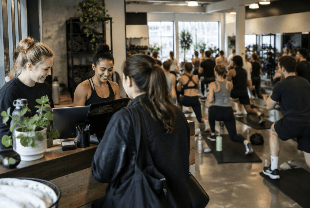 Busy boutique fitness studio with a class in session and staff at the entrance desk
