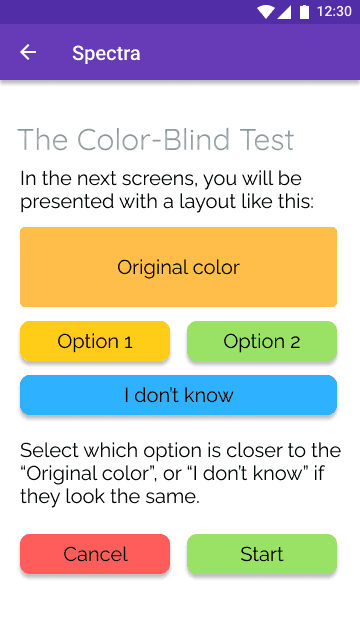 Instruction screen of Spectra outlining the structure of the color-blind test