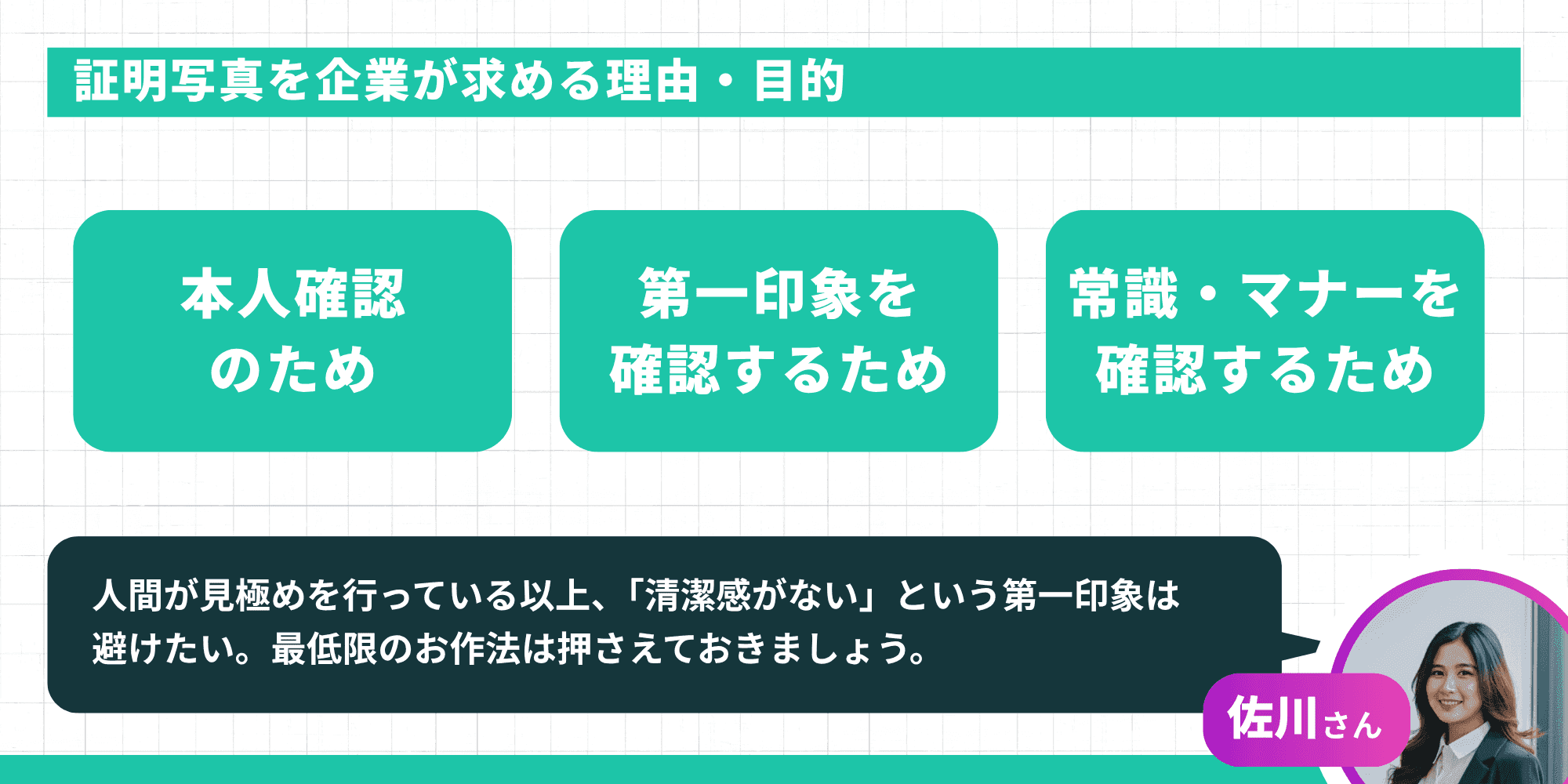 証明写真を企業が求める理由・目的：本人確認のため、第一印象を確認するため、常識・マナーを確認するため