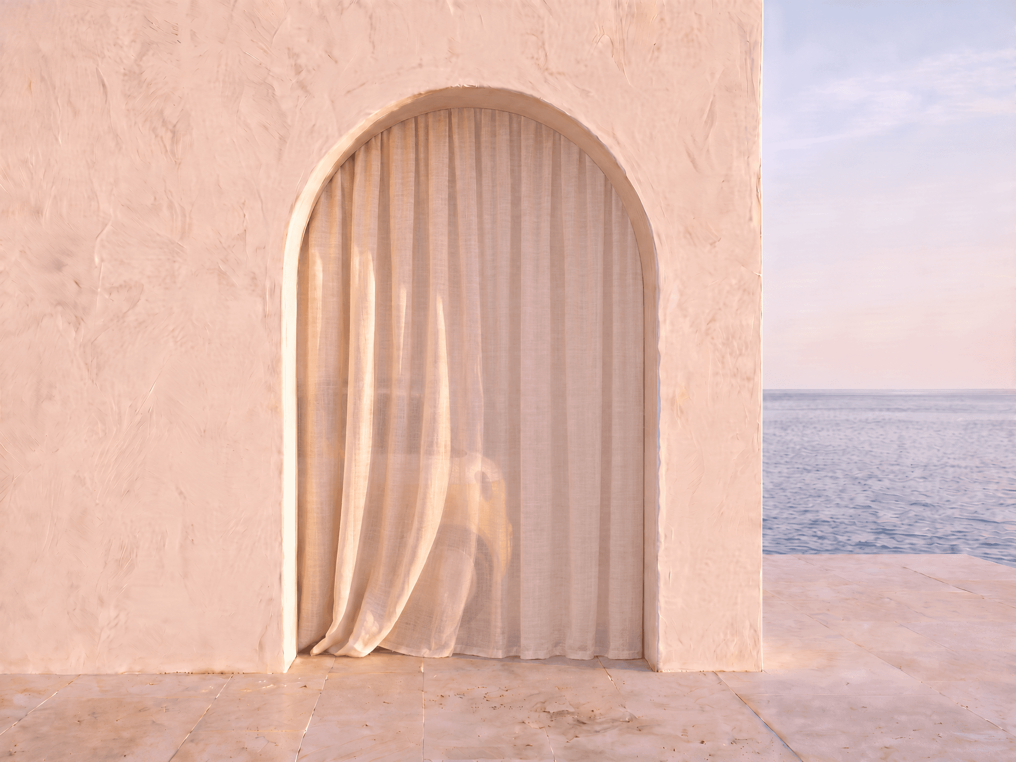 A plaster arch with a linen curtain drawn across it; the outline of a yellow car is just visible behind the curtain