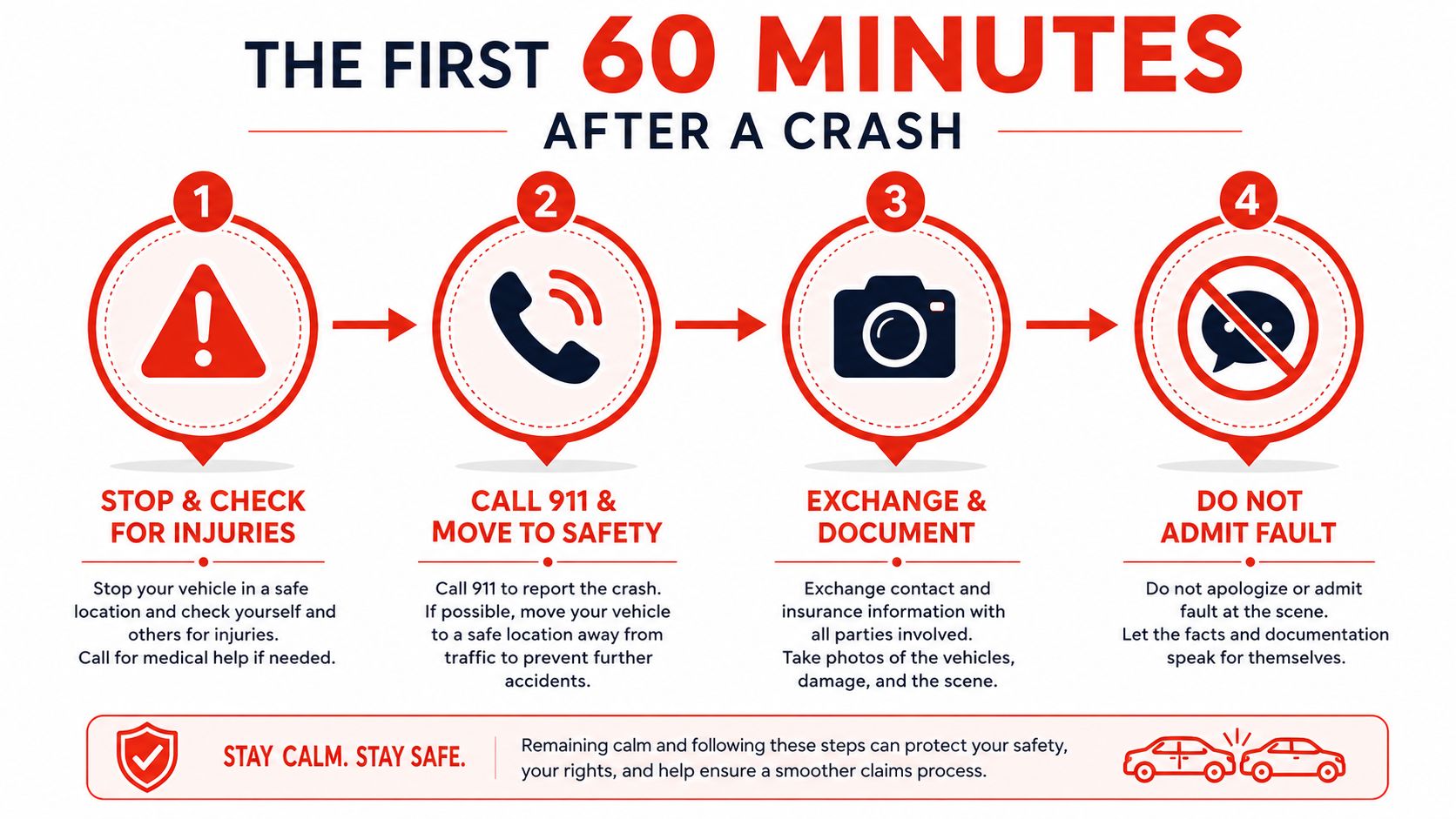 A step-by-step infographic titled The First 60 Minutes After A Crash detailing essential actions following a car accident.