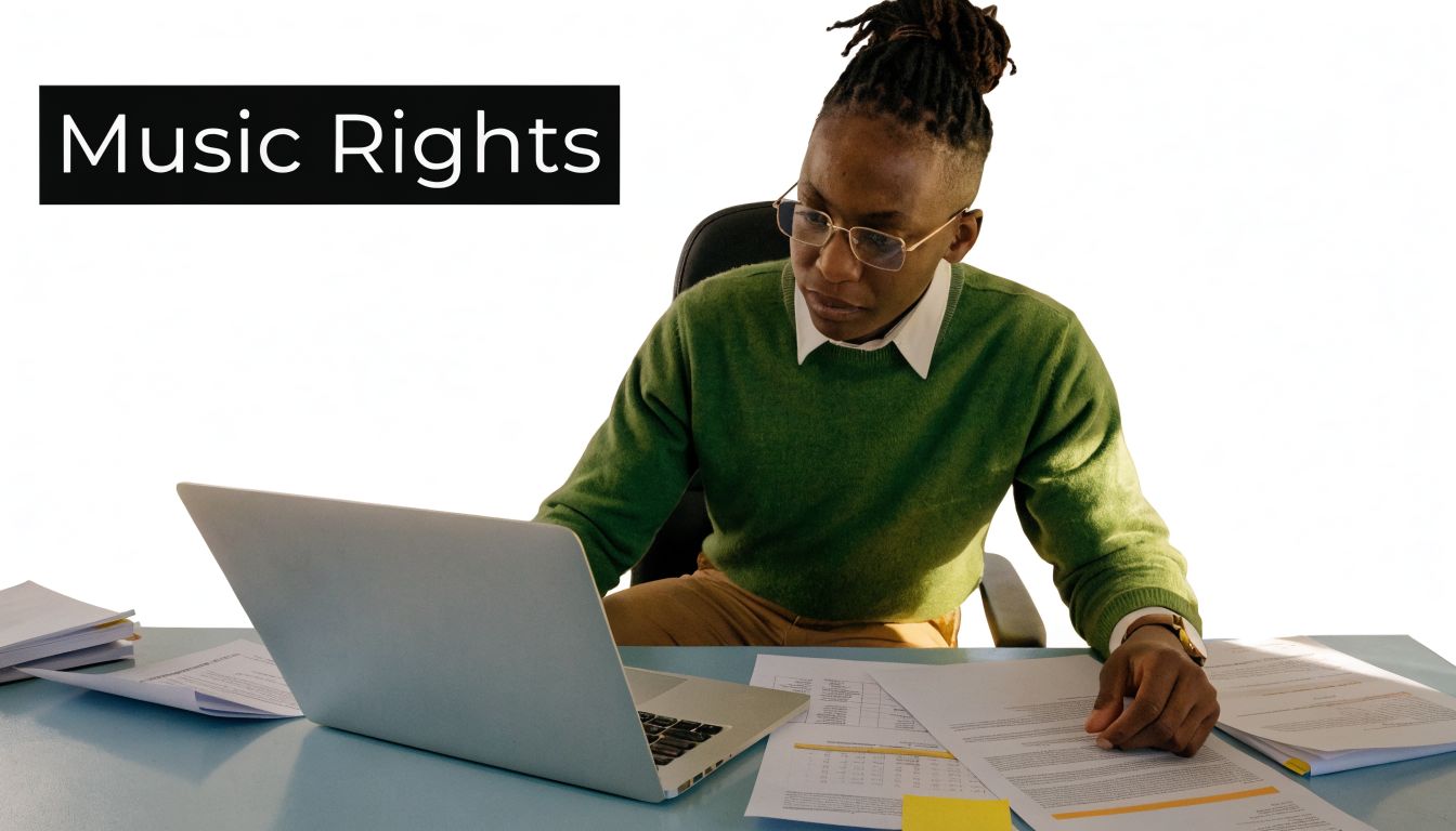 A professional analyzing music rights documents on a laptop while working at an office desk.
