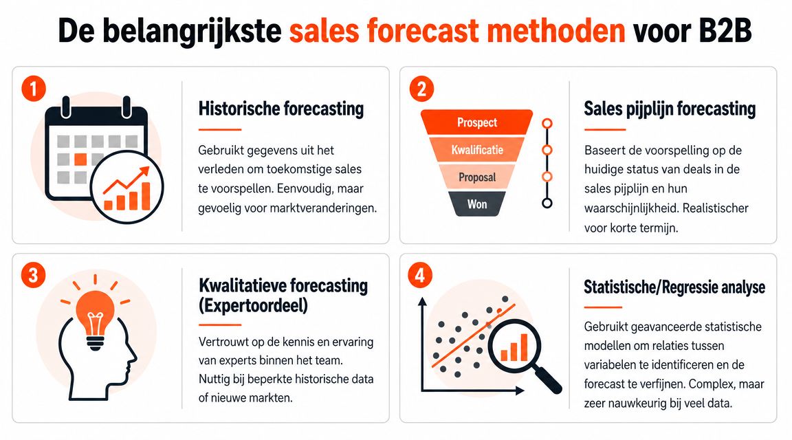 Een overzicht van vier belangrijke methoden voor B2B sales forecasting, inclusief historische, pijplijn-, kwalitatieve en statistische analyse.
