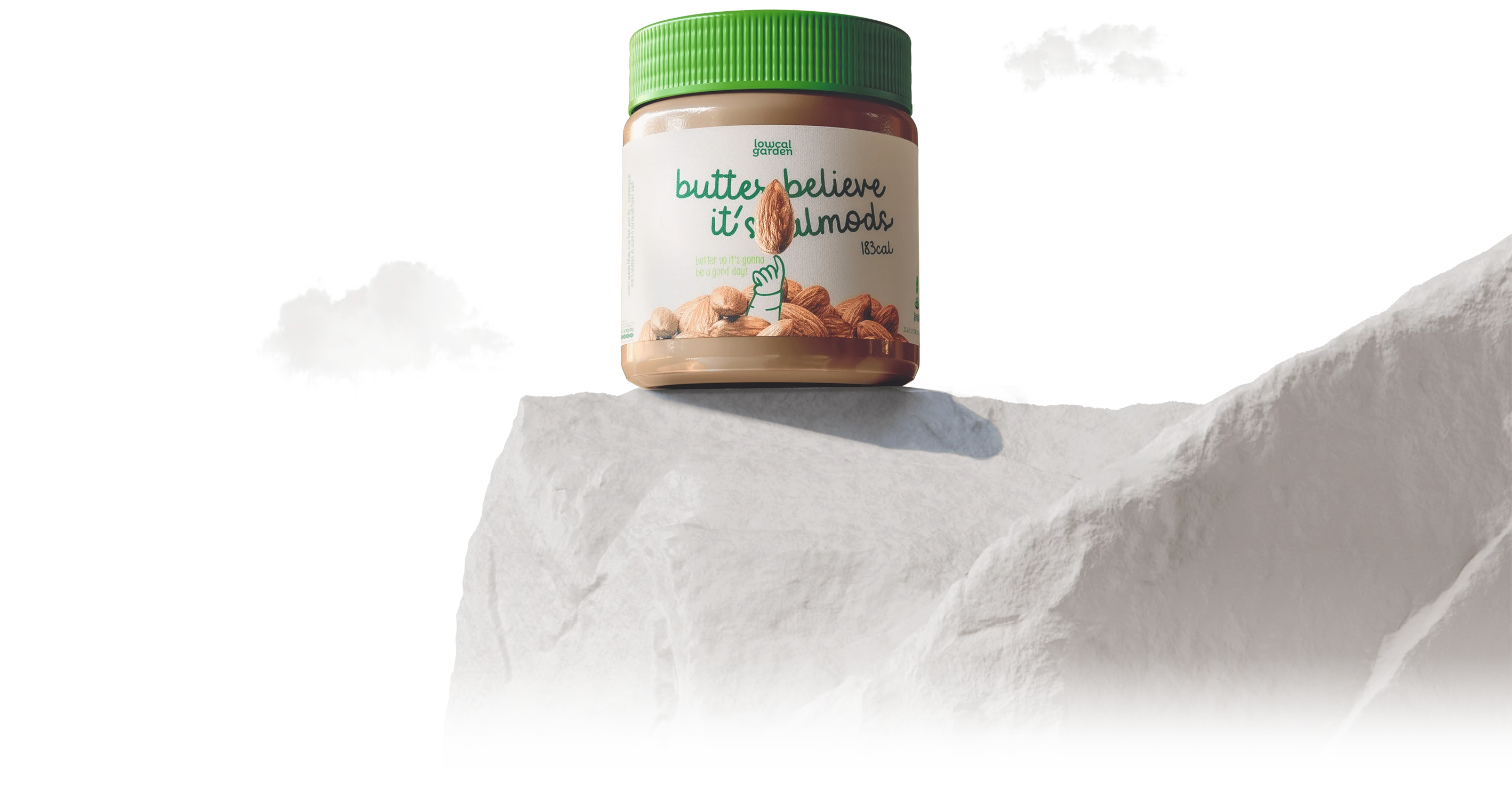 Lowcal Garden almond butter jar packaging — 'Butter Believe It's Almonds' witty product naming with playful character illustration on stone surface — packaging design and branding by Makers' Studio