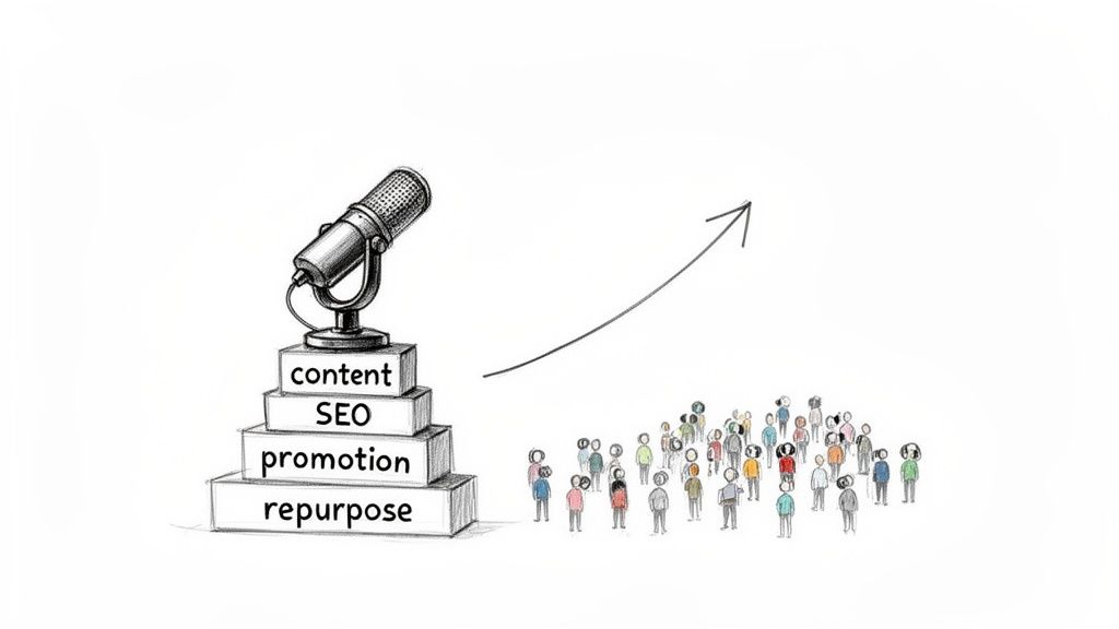 A microphone on blocks labeled 'repurpose, promotion, SEO, content' with an arrow pointing to a growing audience.