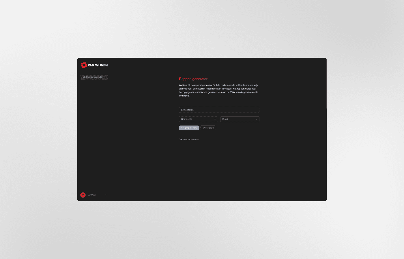 Van Wijnen Wijkscan rapport generator met gemeente- en buurtselectie voor automatisch wijkanalyserapport