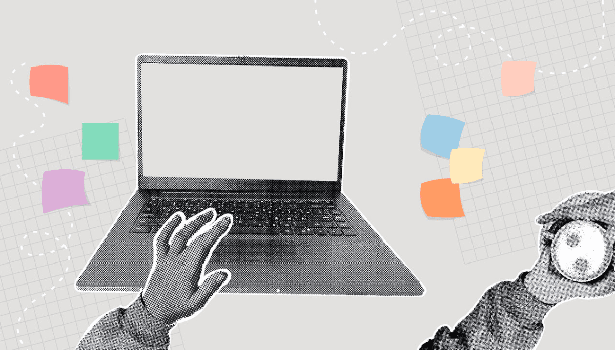 Illustration of hands reaching toward a laptop surrounded by colorful sticky notes.