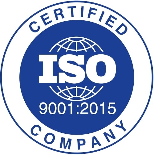 ISO 9001:2015 Certified Company badge in blue and white, indicating compliance with international quality management standards.