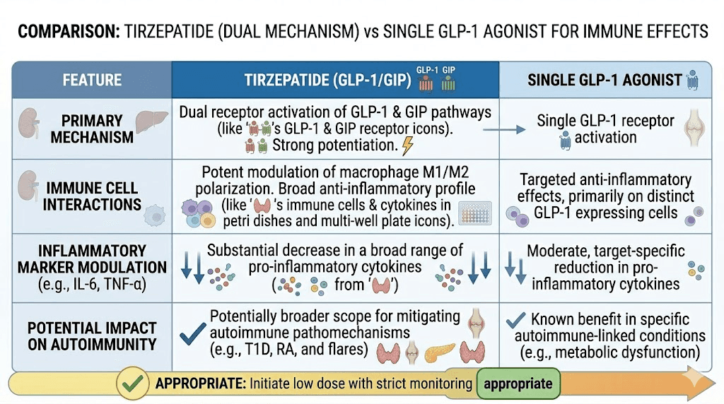 Tirzepatide dual receptor vs GLP-1 only autoimmune comparison