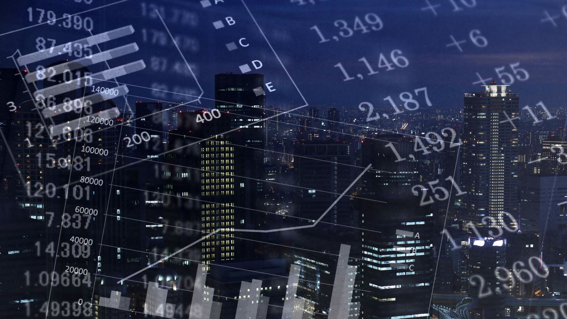 Financial data visualisation over a city skyline