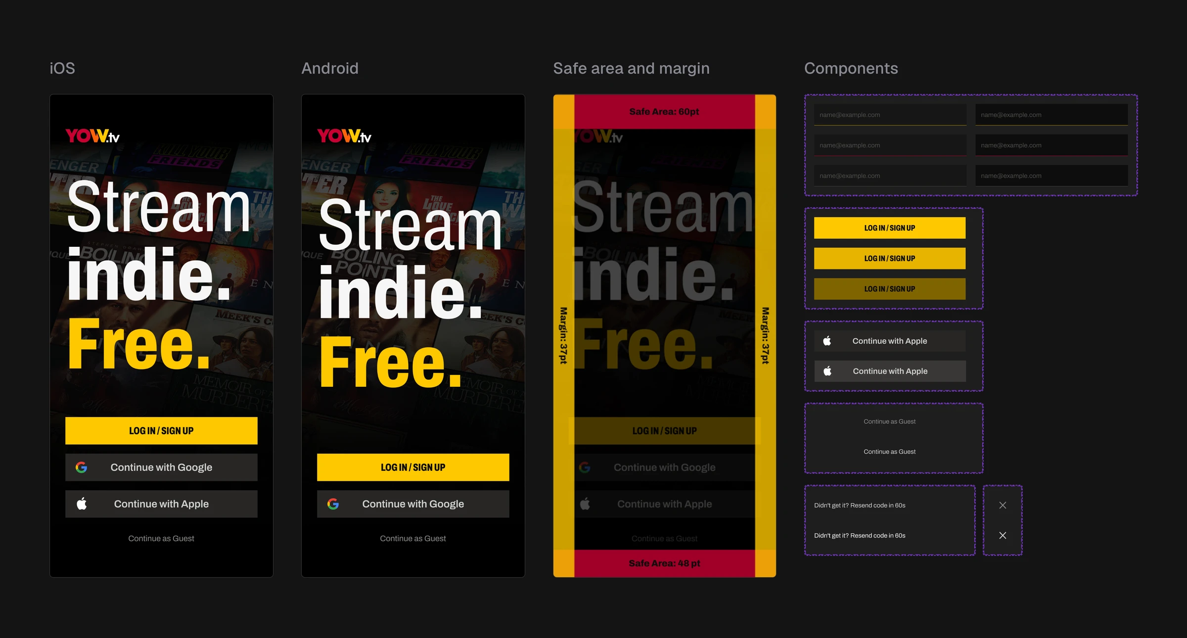 Four panels labeled above: iOS, Android, Safe area and margin, Components. The iOS splash carries a yellow Log in / Sign up button over Continue with Google and Continue with Apple, then a Continue as Guest link. The Android splash is the same screen with the Apple row absent and the stack still anchored to the foot. The third overlays that splash with bands reading Safe Area 60pt at the top, Safe Area 48pt at the bottom and Margin 37pt down both sides. The fourth stacks six component sets, each inside its own dashed boundary: an input field in six states, the primary button in three, Continue with Apple in two, Continue as Guest in two, the resend line in two, and the close control in two.