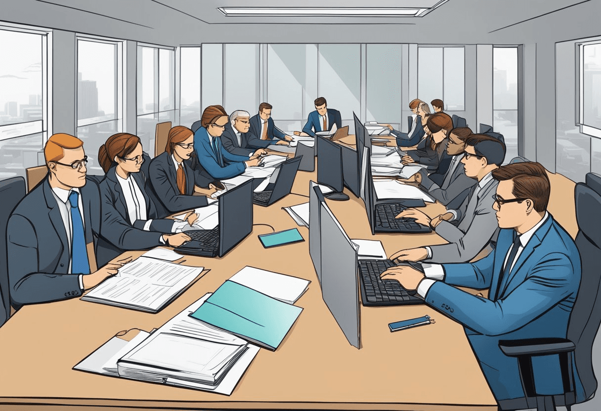 HR professionals reviewing GDPR documents, surrounded by computer screens and legal binders, with a focused and determined expression