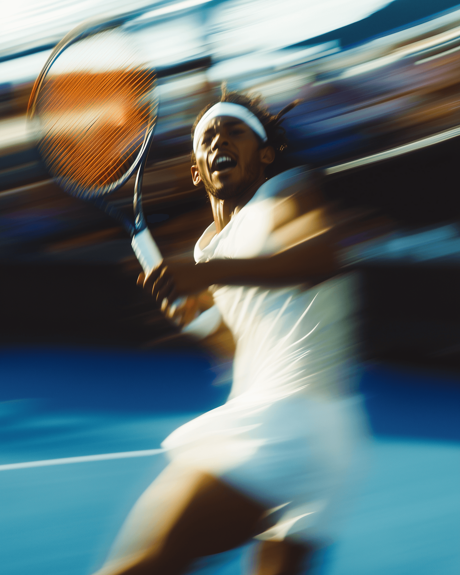 Athletic male tennis player mid-swing during a high-speed match, showcasing dynamic movement and agility—ideal for sports injury rehab and performance therapy.