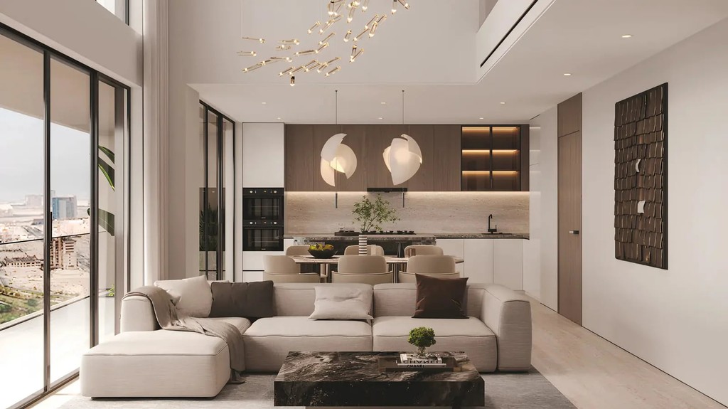 Modern living room in Stax Tower featuring sleek furniture, large windows, and a stylish decor.