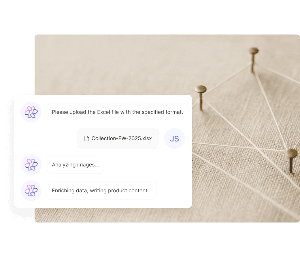 A neatly pressed white shirt hangs on a rack beside a straw hat on a shelf, accompanied by a folded beige garment and a pair of brown shoes, with a digital interface displaying chat messages overlaying the image.